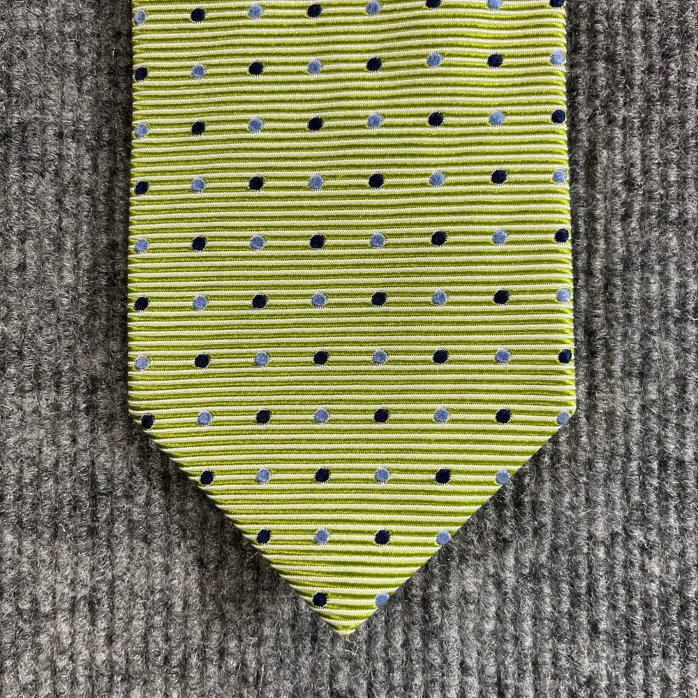 Kolte Italy Mens Silk Tie Lime Green Blue Polka Dot Ribbed Texture Made in Italy